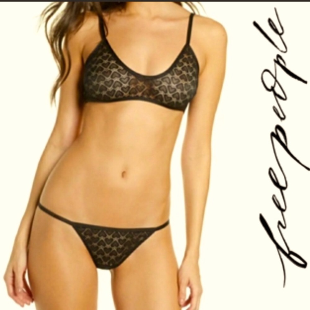 Free People Black Heart Lace Kelly 2 piece Bra Set